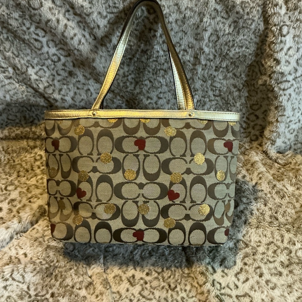 Coach Gold and Brown Hearts Jacquard & Leather Signature Tote Bag - Picture 2 of 4